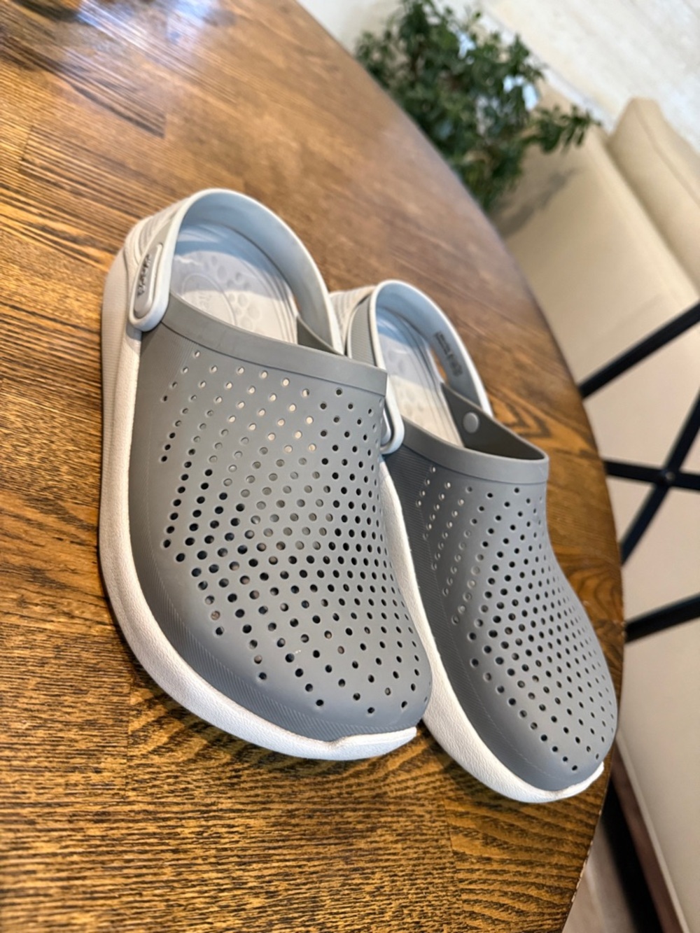 Men’s or women’s Gray Slip-On Croc Lite Rite Clog with White Sole.